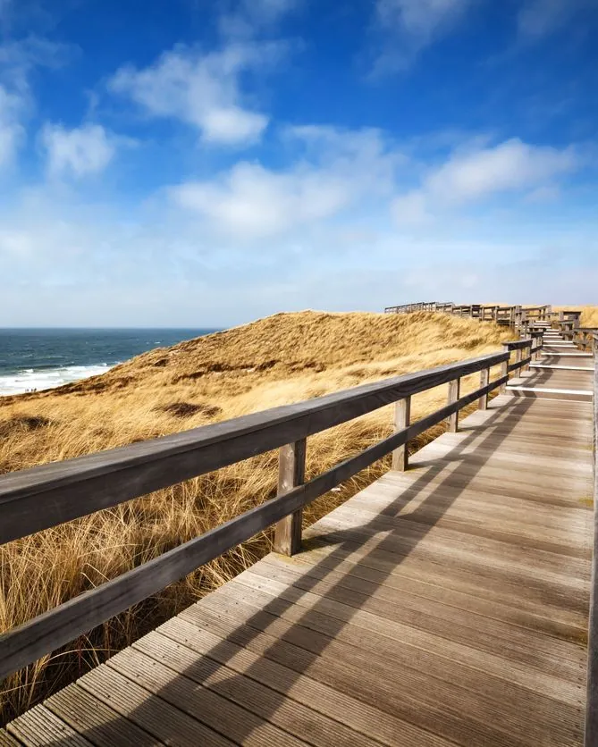 Holzsteg führt durch die Dünen auf Sylt, links das Meer unter blauem Himmel